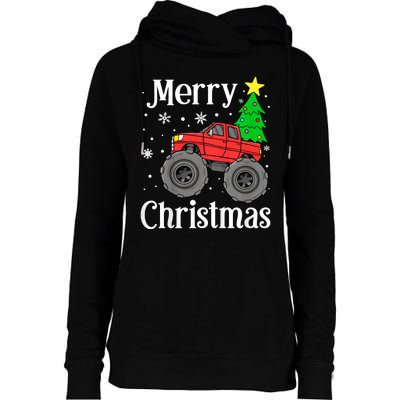 Monster Truck Merry Christmas Tree Snowflakes Womens Funnel Neck Pullover Hood