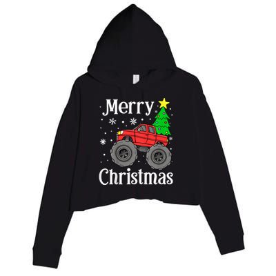 Monster Truck Merry Christmas Tree Snowflakes Crop Fleece Hoodie