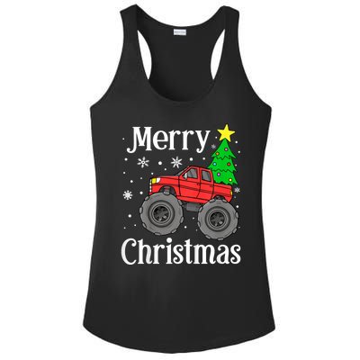 Monster Truck Merry Christmas Tree Snowflakes Ladies PosiCharge Competitor Racerback Tank