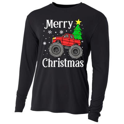 Monster Truck Merry Christmas Tree Snowflakes Cooling Performance Long Sleeve Crew