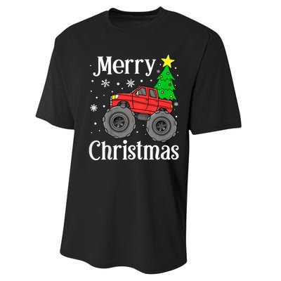 Monster Truck Merry Christmas Tree Snowflakes Performance Sprint T-Shirt