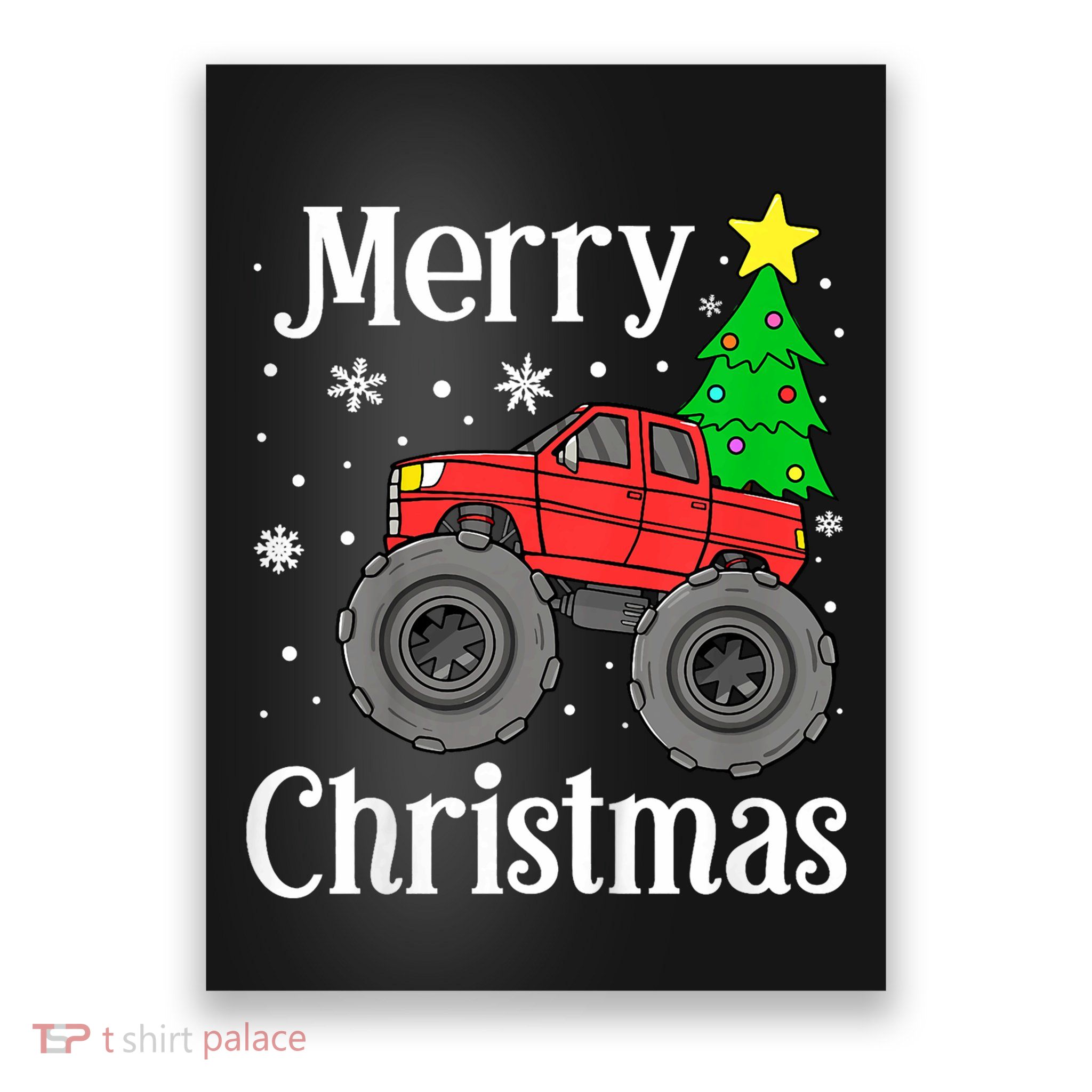 Monster Truck Merry Christmas Tree Snowflakes Poster