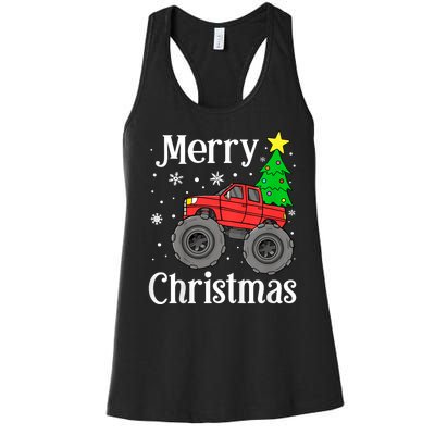 Monster Truck Merry Christmas Tree Snowflakes Women's Racerback Tank