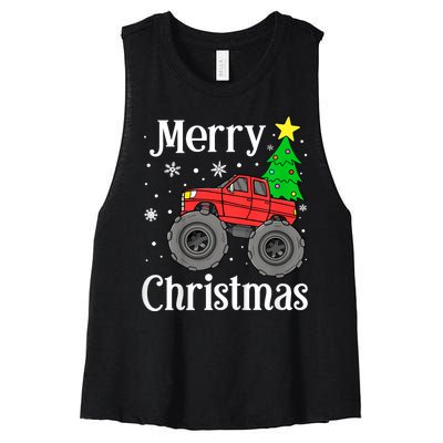 Monster Truck Merry Christmas Tree Snowflakes Women's Racerback Cropped Tank