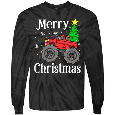 Monster Truck Merry Christmas Tree Snowflakes Tie-Dye Long Sleeve Shirt