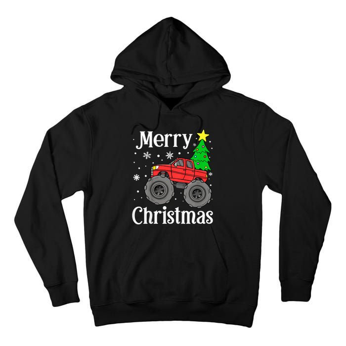 Monster Truck Merry Christmas Tree Snowflakes Tall Hoodie