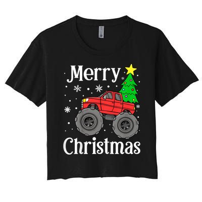 Monster Truck Merry Christmas Tree Snowflakes Women's Crop Top Tee