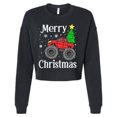 Monster Truck Merry Christmas Tree Snowflakes Cropped Pullover Crew