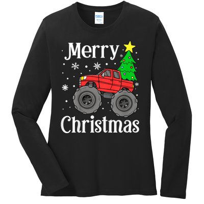 Monster Truck Merry Christmas Tree Snowflakes Ladies Long Sleeve Shirt