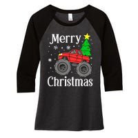 Monster Truck Merry Christmas Tree Snowflakes Women's Tri-Blend 3/4-Sleeve Raglan Shirt