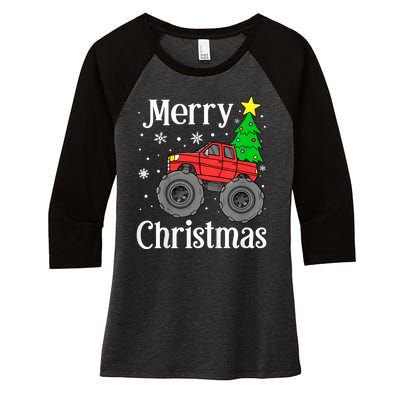 Monster Truck Merry Christmas Tree Snowflakes Women's Tri-Blend 3/4-Sleeve Raglan Shirt