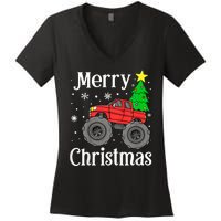 Monster Truck Merry Christmas Tree Snowflakes Women's V-Neck T-Shirt