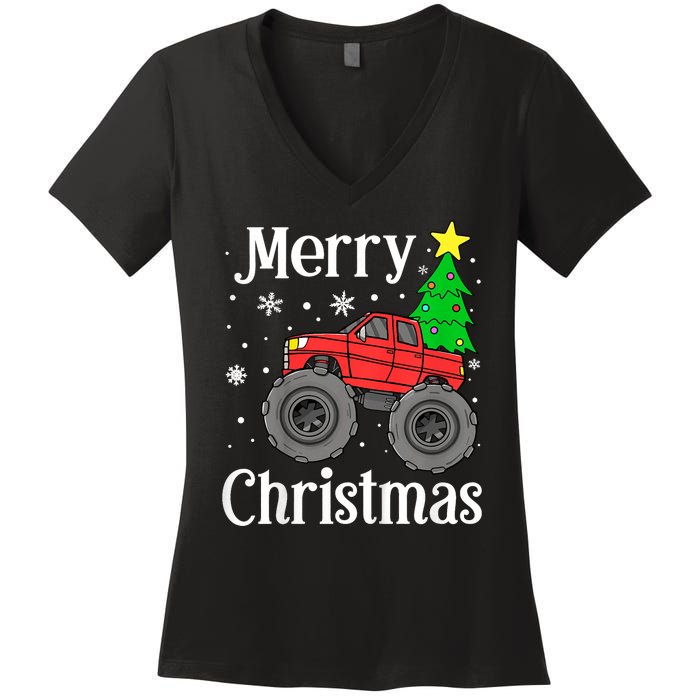 Monster Truck Merry Christmas Tree Snowflakes Women's V-Neck T-Shirt