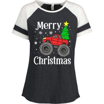 Monster Truck Merry Christmas Tree Snowflakes Enza Ladies Jersey Colorblock Tee