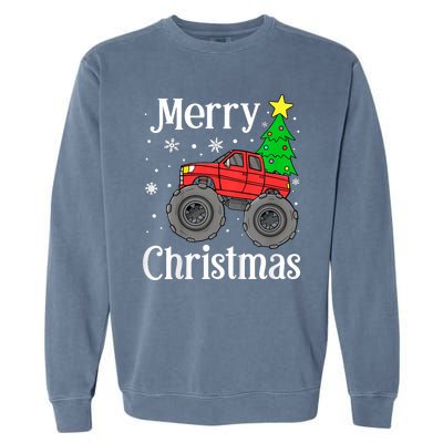 Monster Truck Merry Christmas Tree Snowflakes Garment-Dyed Sweatshirt