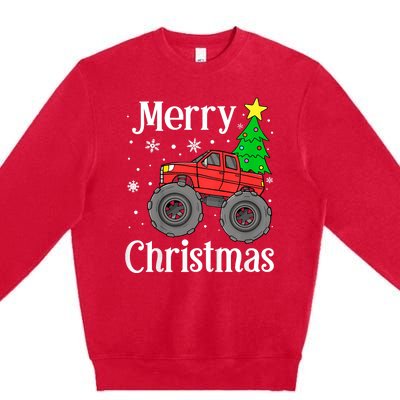 Monster Truck Merry Christmas Tree Snowflakes Premium Crewneck Sweatshirt