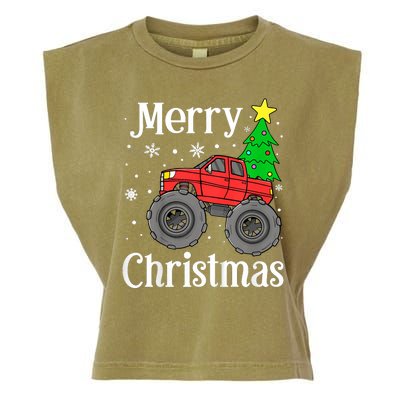 Monster Truck Merry Christmas Tree Snowflakes Garment-Dyed Women's Muscle Tee