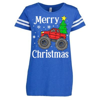 Monster Truck Merry Christmas Tree Snowflakes Enza Ladies Jersey Football T-Shirt