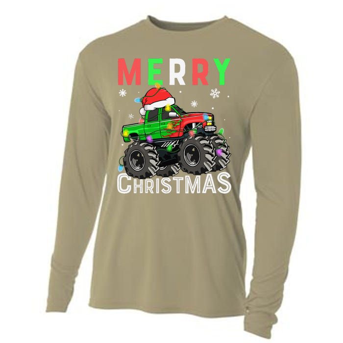 Monster Truck Merry Christmas Santa Hat Cooling Performance Long Sleeve Crew