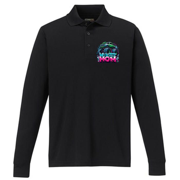 Monster Truck Mom Of The Birthday Boy Matching Family Performance Long Sleeve Polo