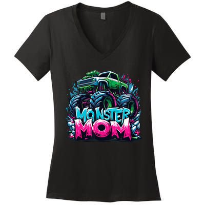 Monster Truck Mom Of The Birthday Boy Matching Family Women's V-Neck T-Shirt