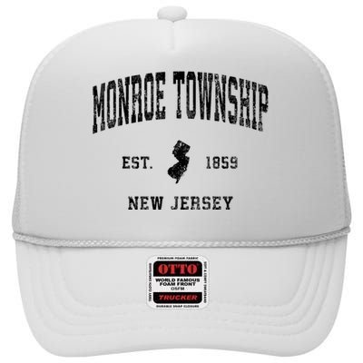 Monroe Township New Jersey Nj Vintage Athletic Black Sports High Crown Mesh Back Trucker Hat