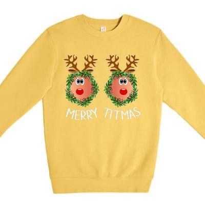 Merry Titmas Naughty Christmas Sweater Reindeer Boobs Ugly Premium Crewneck Sweatshirt