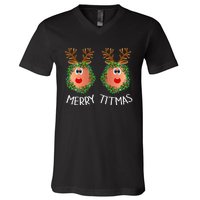 Merry Titmas Naughty Christmas Sweater Reindeer Boobs Ugly V-Neck T-Shirt