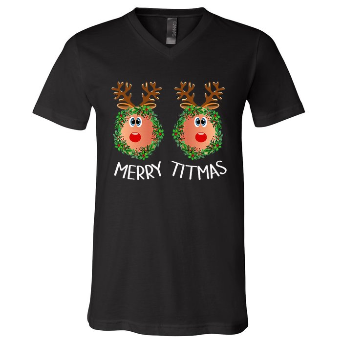 Merry Titmas Naughty Christmas Sweater Reindeer Boobs Ugly V-Neck T-Shirt