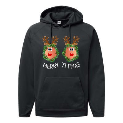 Merry Titmas Naughty Christmas Sweater Reindeer Boobs Ugly Performance Fleece Hoodie