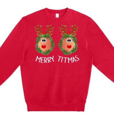 Merry Titmas Naughty Christmas Sweater Reindeer Boobs Ugly Premium Crewneck Sweatshirt