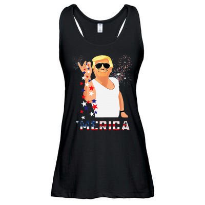 Merica Trump Outfits Glassesfireworkn Don Drunk Ladies Essential Flowy Tank