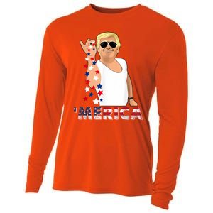 Merica Trump Outfits Glasses Firework 4th Of July Don Drunk Gift Cooling Performance Long Sleeve Crew