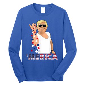 Merica Trump Outfits Glasses Firework 4th Of July Don Drunk Gift Long Sleeve Shirt