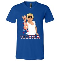 Merica Trump Outfits Glasses Firework 4th Of July Don Drunk Gift V-Neck T-Shirt