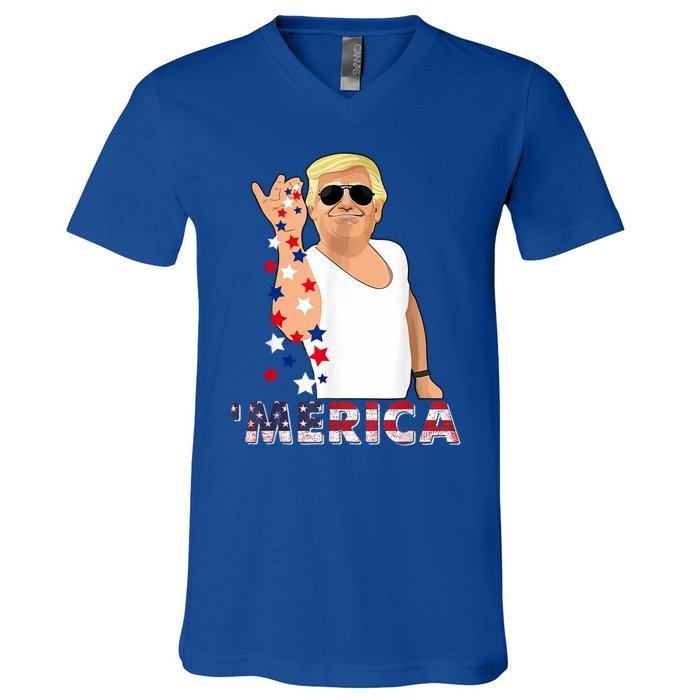 Merica Trump Outfits Glasses Firework 4th Of July Don Drunk Gift V-Neck T-Shirt