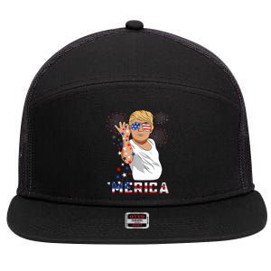 Merica Trump Outfits Glasses Firework 4th Of July Don Drunk Cute Gift 7 Panel Mesh Trucker Snapback Hat