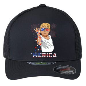 Merica Trump Outfits Glasses Firework 4th Of July Don Drunk Cute Gift Flexfit Unipanel Trucker Cap