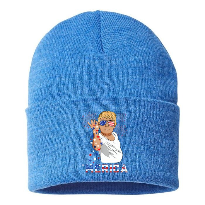 Merica Trump Outfits Glasses Firework 4th Of July Don Drunk Cute Gift Sustainable Knit Beanie