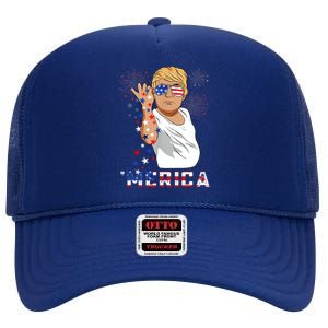 Merica Trump Outfits Glasses Firework 4th Of July Don Drunk Cute Gift High Crown Mesh Back Trucker Hat