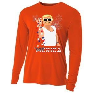 Merica Trump Outfits Glasses Firework 4th Of July Don Drunk Funny Gift Cooling Performance Long Sleeve Crew