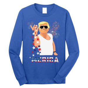 Merica Trump Outfits Glasses Firework 4th Of July Don Drunk Funny Gift Long Sleeve Shirt