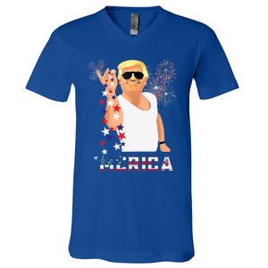 Merica Trump Outfits Glasses Firework 4th Of July Don Drunk Funny Gift V-Neck T-Shirt