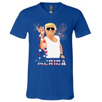 Merica Trump Outfits Glasses Firework 4th Of July Don Drunk Funny Gift V-Neck T-Shirt