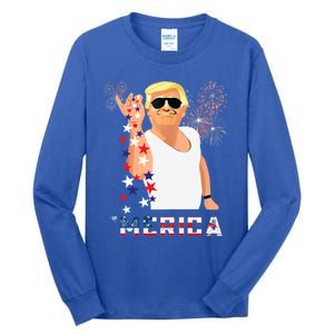 Merica Trump Outfits Glasses Firework 4th Of July Don Drunk Funny Gift Tall Long Sleeve T-Shirt