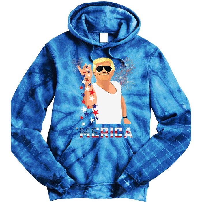 Merica Trump Outfits Glasses Firework 4th Of July Don Drunk Funny Gift Tie Dye Hoodie