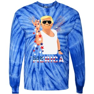 Merica Trump Outfits Glasses Firework 4th Of July Don Drunk Funny Gift Tie-Dye Long Sleeve Shirt