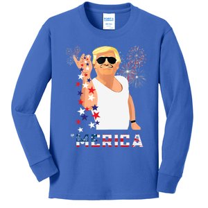 Merica Trump Outfits Glasses Firework 4th Of July Don Drunk Funny Gift Kids Long Sleeve Shirt