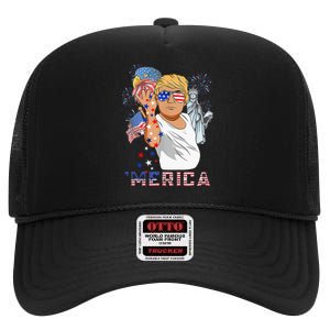 Merica Trump Outfits GlassesFirework 4th Of July Don Drunk High Crown Mesh Back Trucker Hat