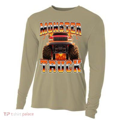 Monster Truck Offroad Flames 90s Bootleg Style Cooling Performance Long Sleeve Crew